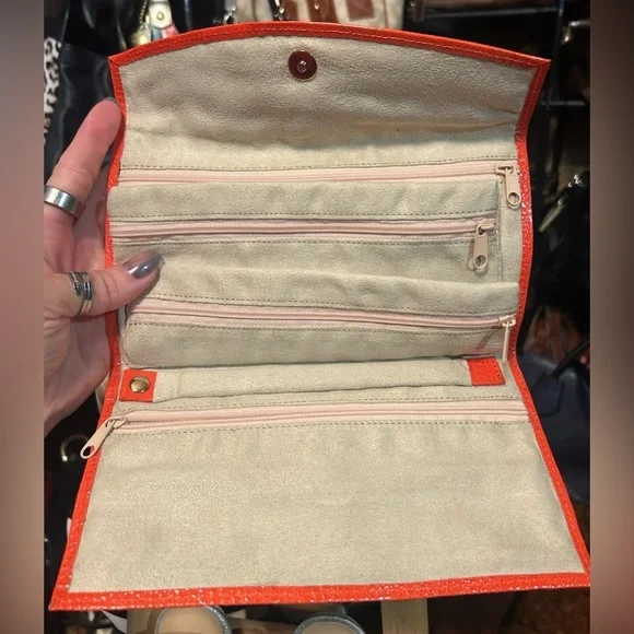 Tangerine Orange Vegan Leather & Velvet Jewelry Accessory Cosmo Wallet Pouch NEW - Picture 7 of 9